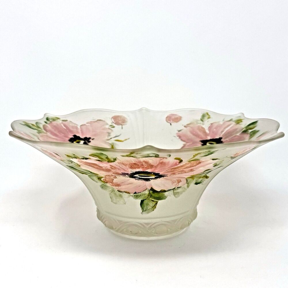 Vintage Lancaster Glass Co Frosted Depression Glass Bowl Hand Painted Floral